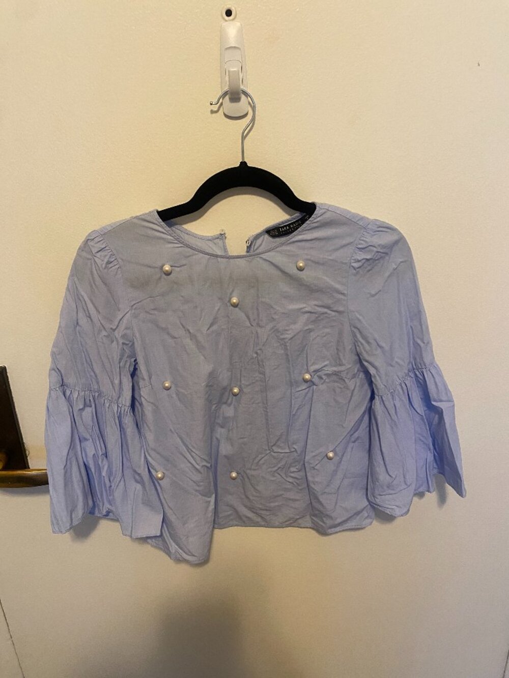 Zara Light Blue Pearl Embellished Sleeve Blouse